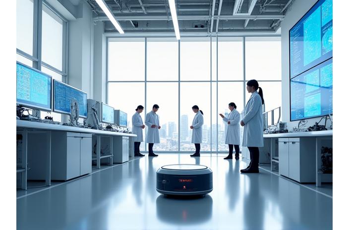 Robato-Kun Technologiesの東京にある研究開発施設内部。洗練されたモダンなデザインで、複数のエンジニアがロボット掃除機とデータスクリーンを囲んで協力している様子。